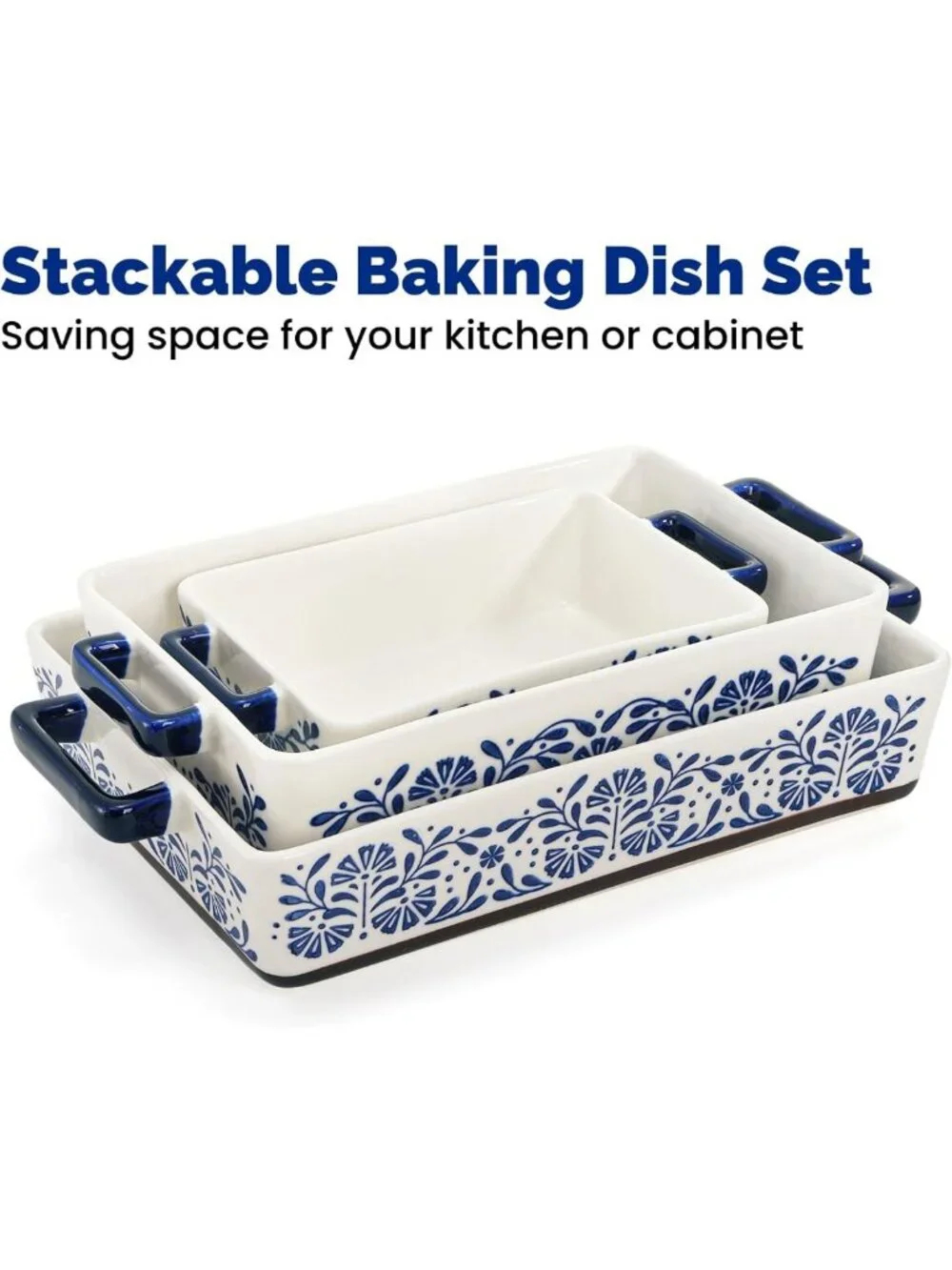 3 Pack Hand-Painted Floral Ceramic Baking Dishes - Non-Stick, Stackable